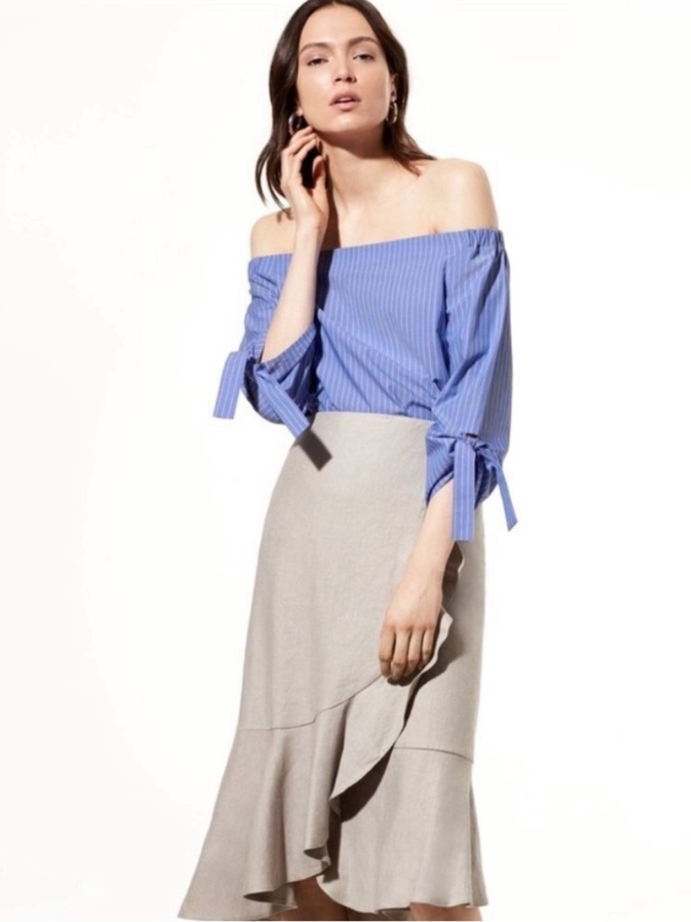 Babaton Malik Blouse Blue Harbour Stripe Off Shoulder Tie Sleeve Top NWT S